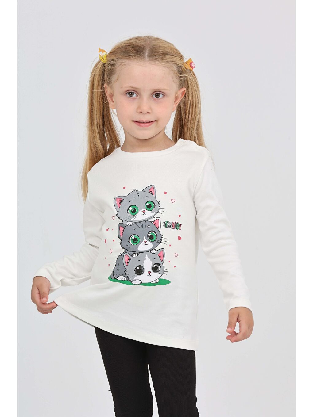 Ekru Kız Çocuk Üçlü Kedi Baskılı Sweatshirt-3