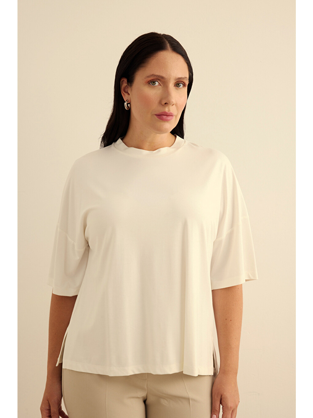 Ekru Basic Rayon T-shırt-4