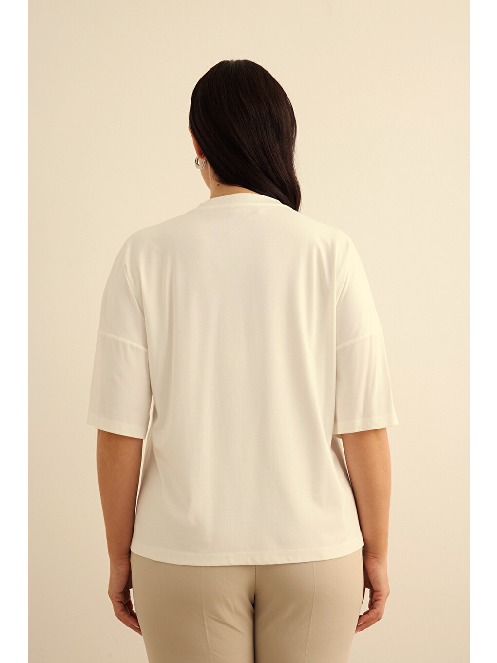 Ekru Basic Rayon T-shırt-5