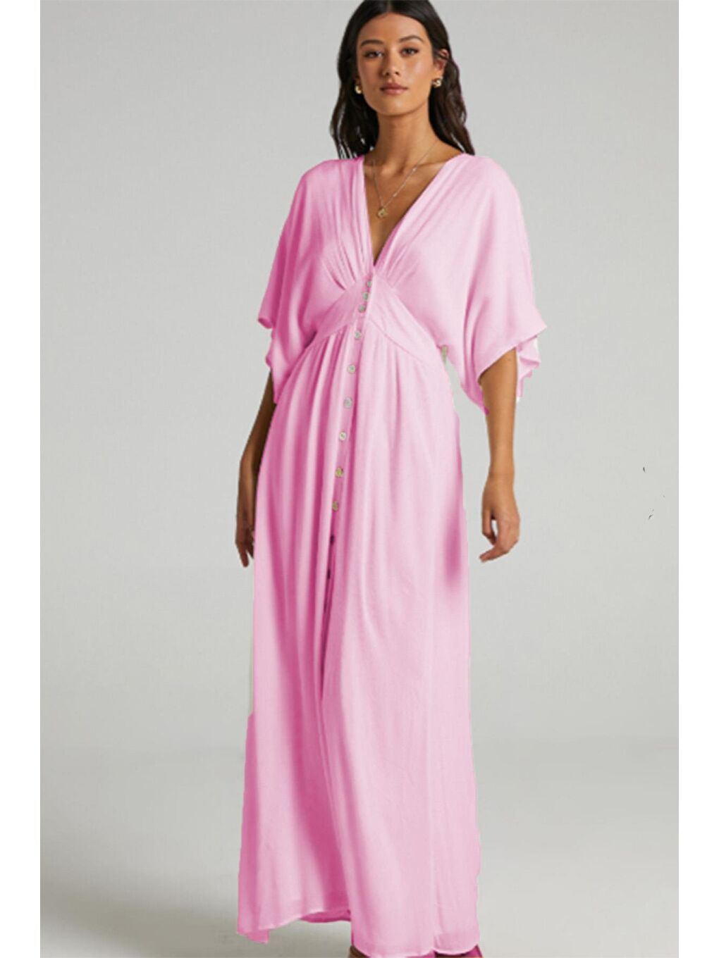 Pembe V Yaka Düğmeli Elbise Mg2339-7