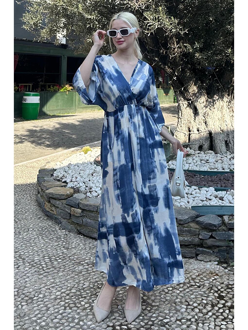 İndigo Desenli Yırtmaç Detaylı Uzun Elbise Mg2323-3