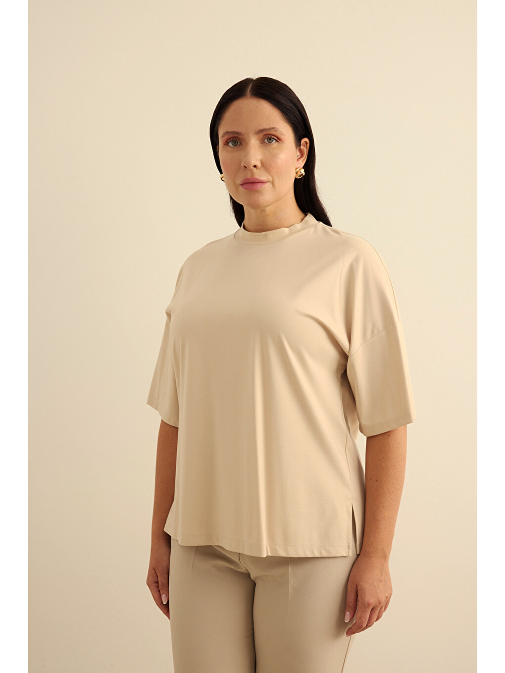 Bej Taş Basic Rayon T-shırt-1