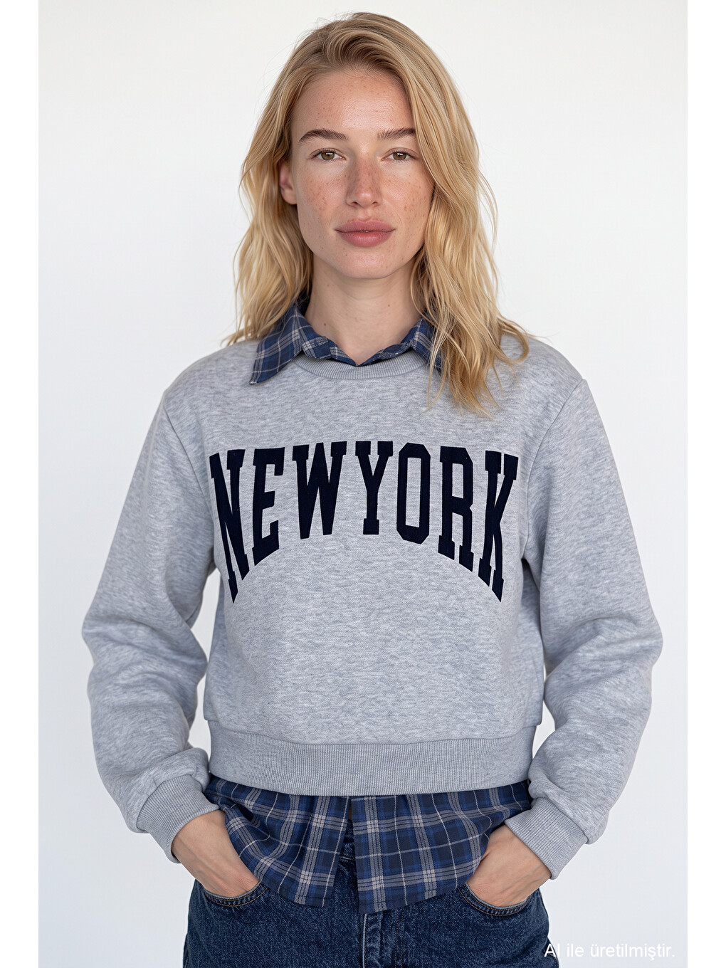 Ekose Garnili New York Yazılı Oversize Sweatshirt Grimelanj
