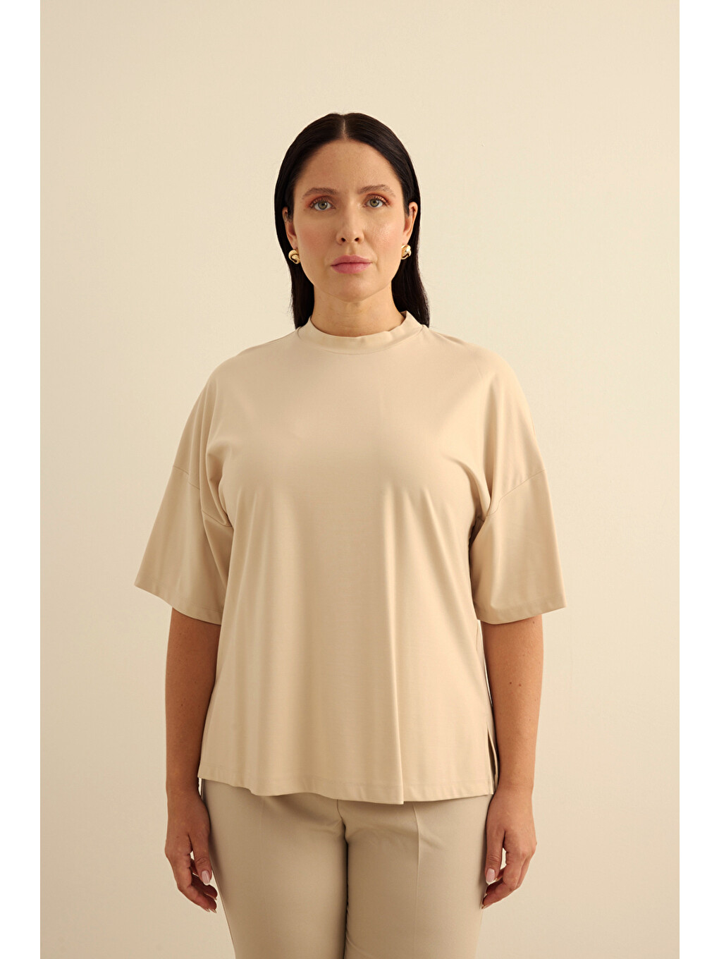 Bej Taş Basic Rayon T-shırt-2