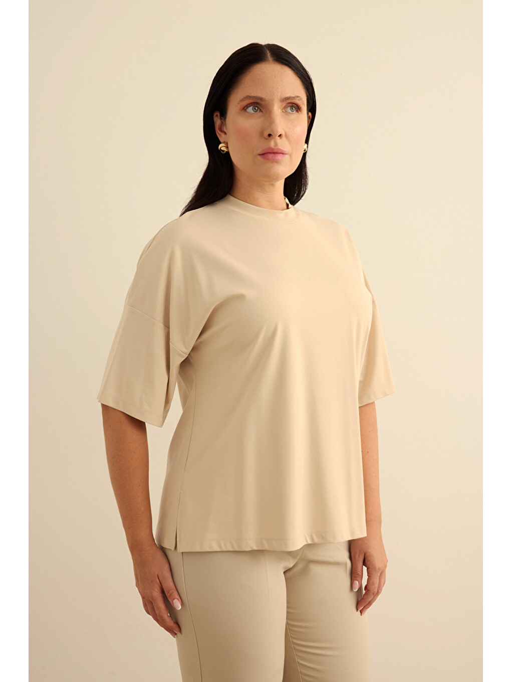 Bej Taş Basic Rayon T-shırt-3