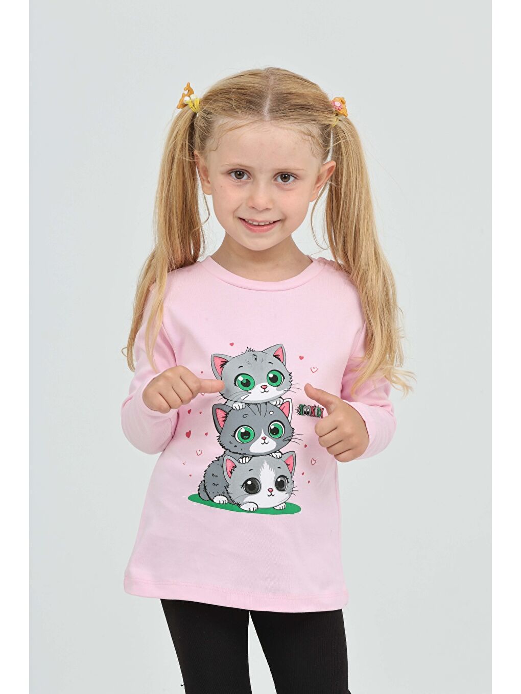 Pembe Kız Çocuk Üçlü Kedi Baskılı Sweatshirt-1