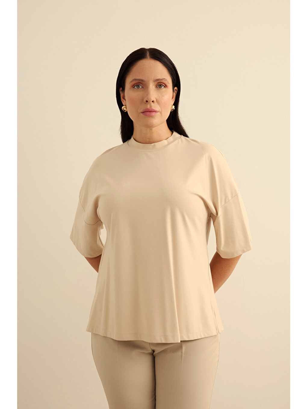 Bej Taş Basic Rayon T-shırt-4
