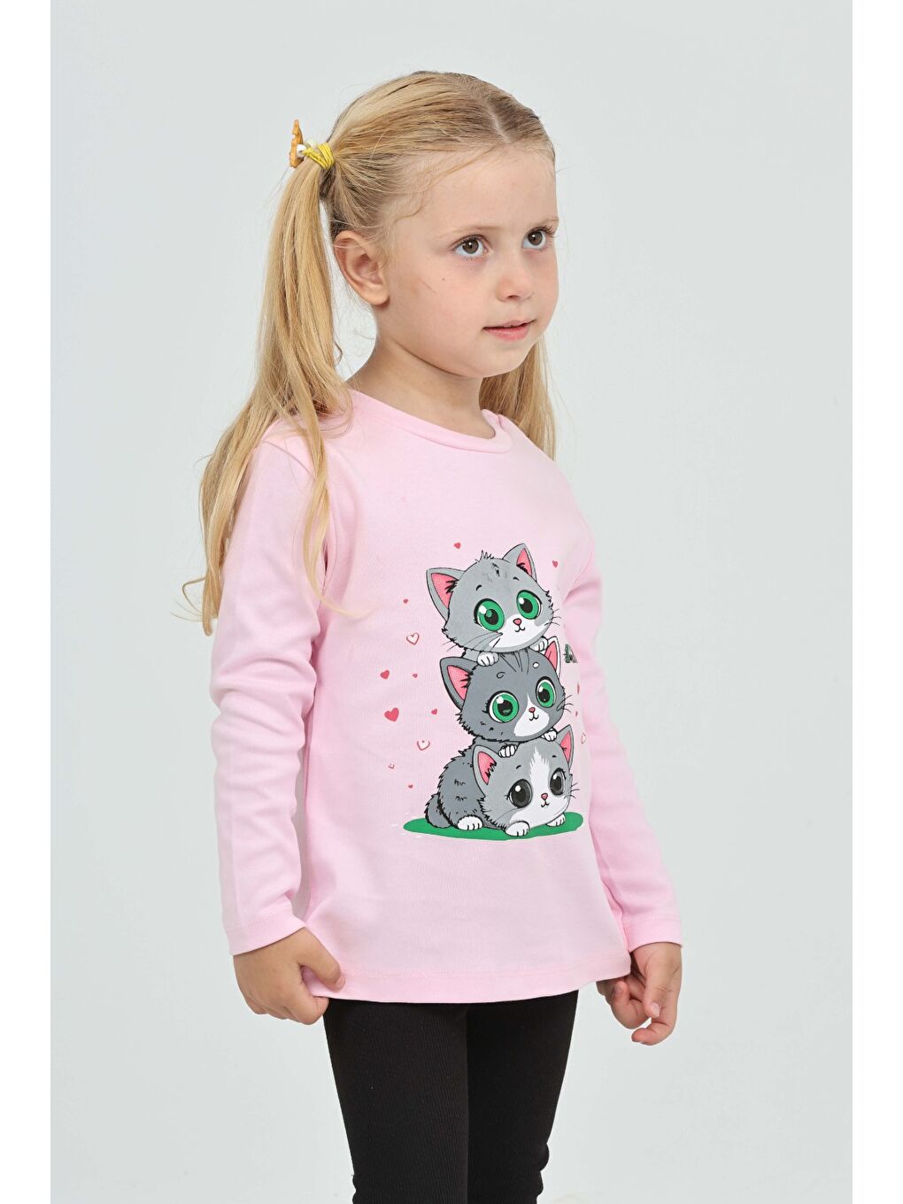 Pembe Kız Çocuk Üçlü Kedi Baskılı Sweatshirt-2