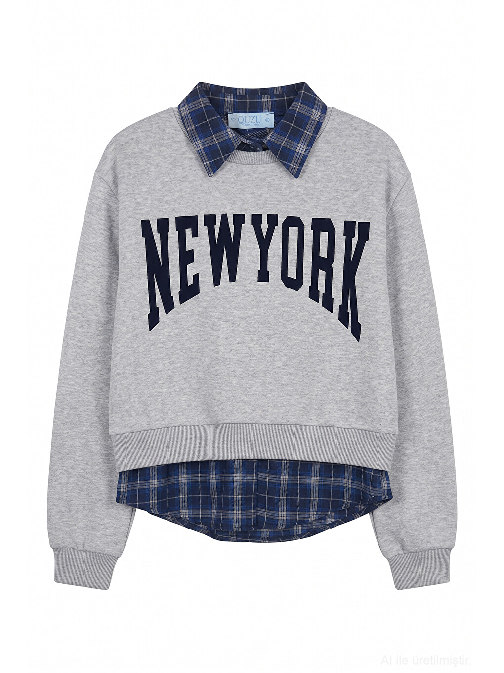 Ekose Garnili New York Yazılı Oversize Sweatshirt Grimelanj-1