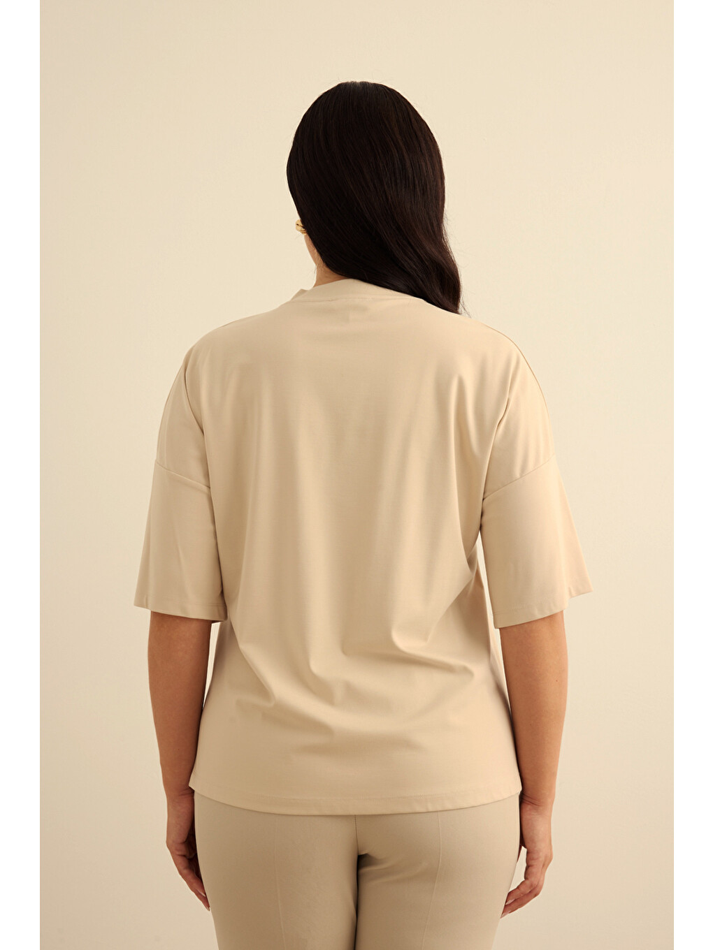 Bej Taş Basic Rayon T-shırt-5