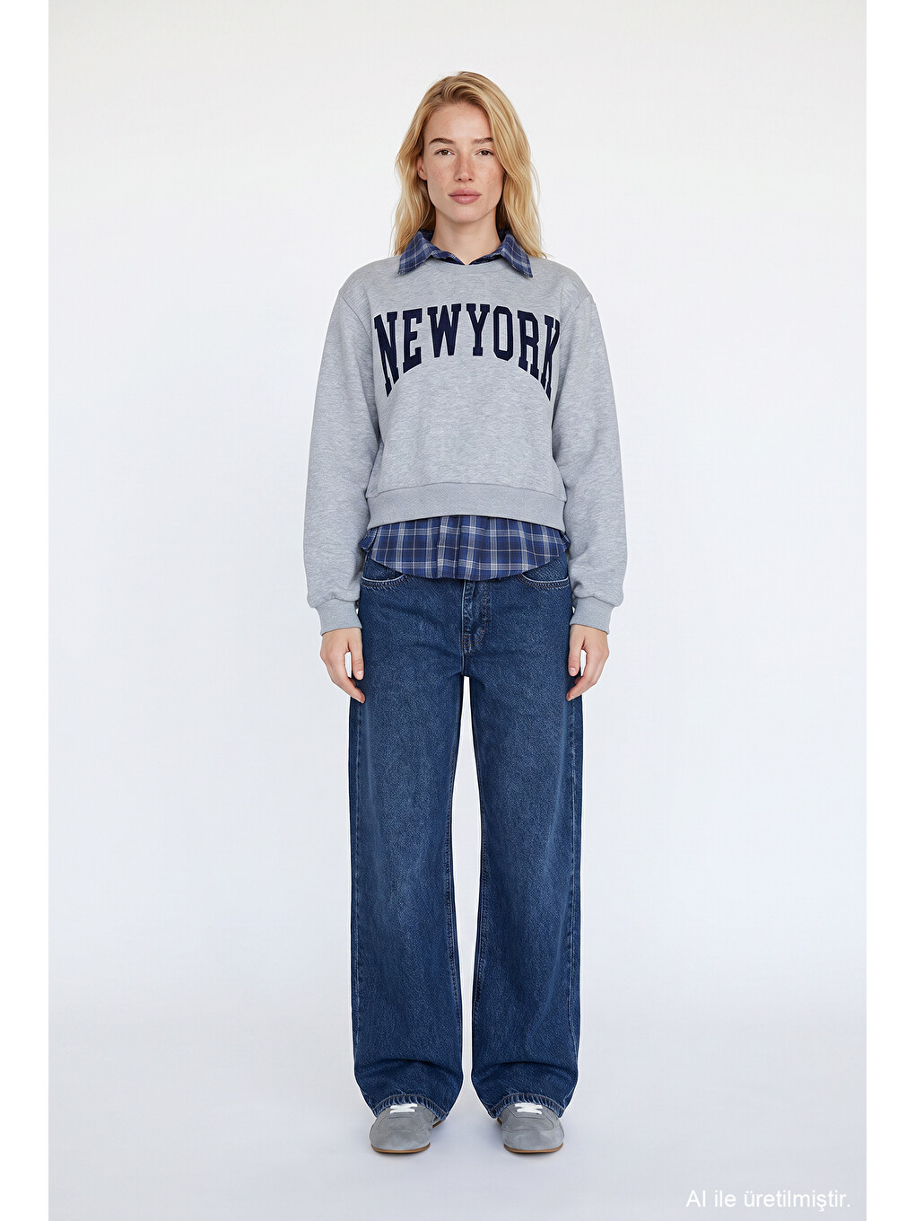 Ekose Garnili New York Yazılı Oversize Sweatshirt Grimelanj-2