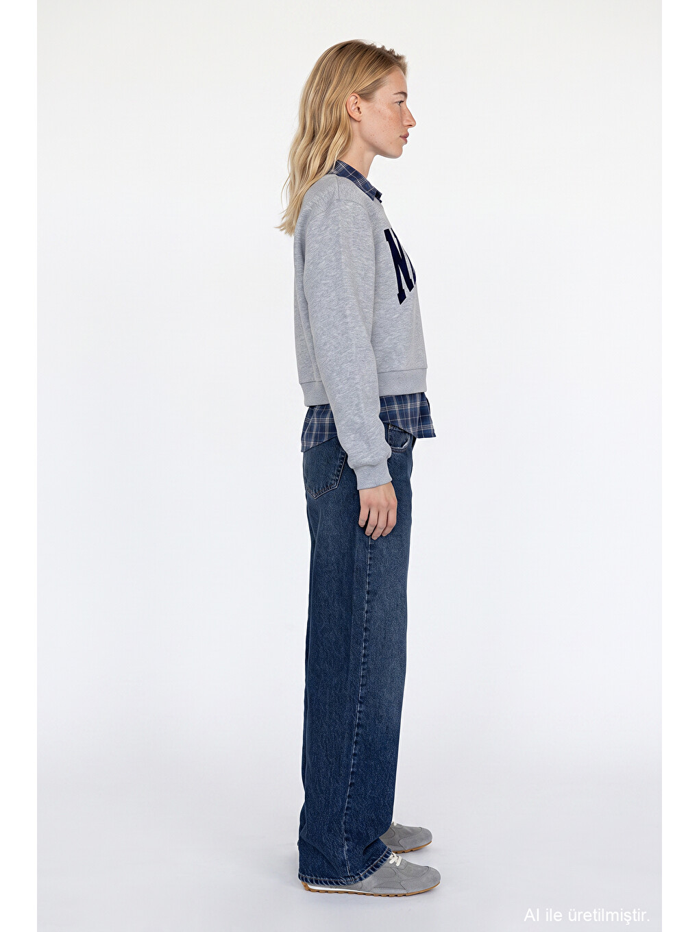 Ekose Garnili New York Yazılı Oversize Sweatshirt Grimelanj-3