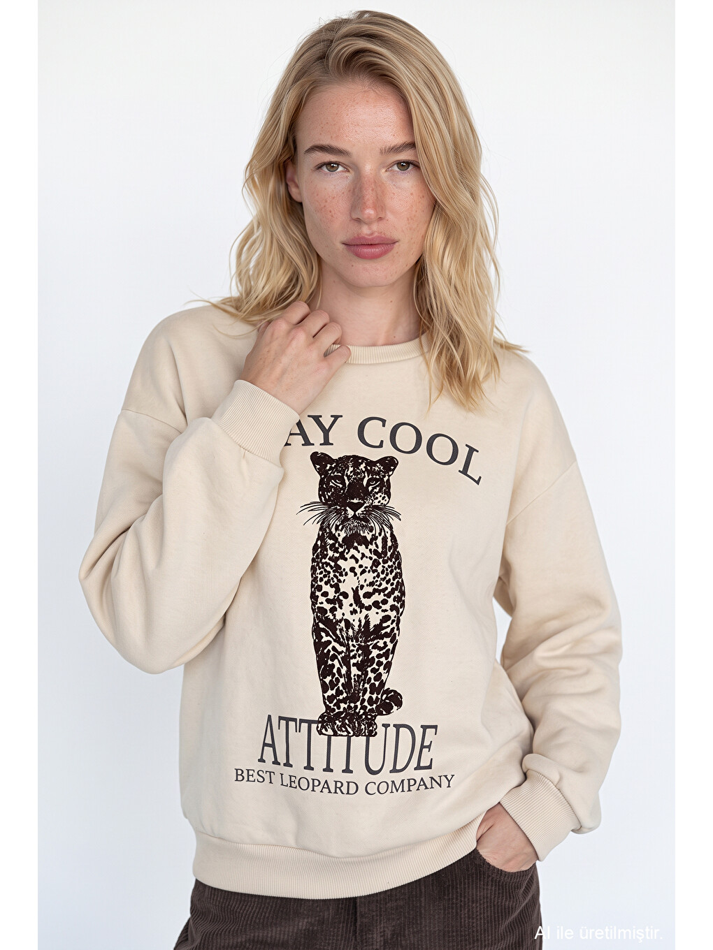 Leopar Ve Yazı Baskılı Oversize Sweatshirt Bej