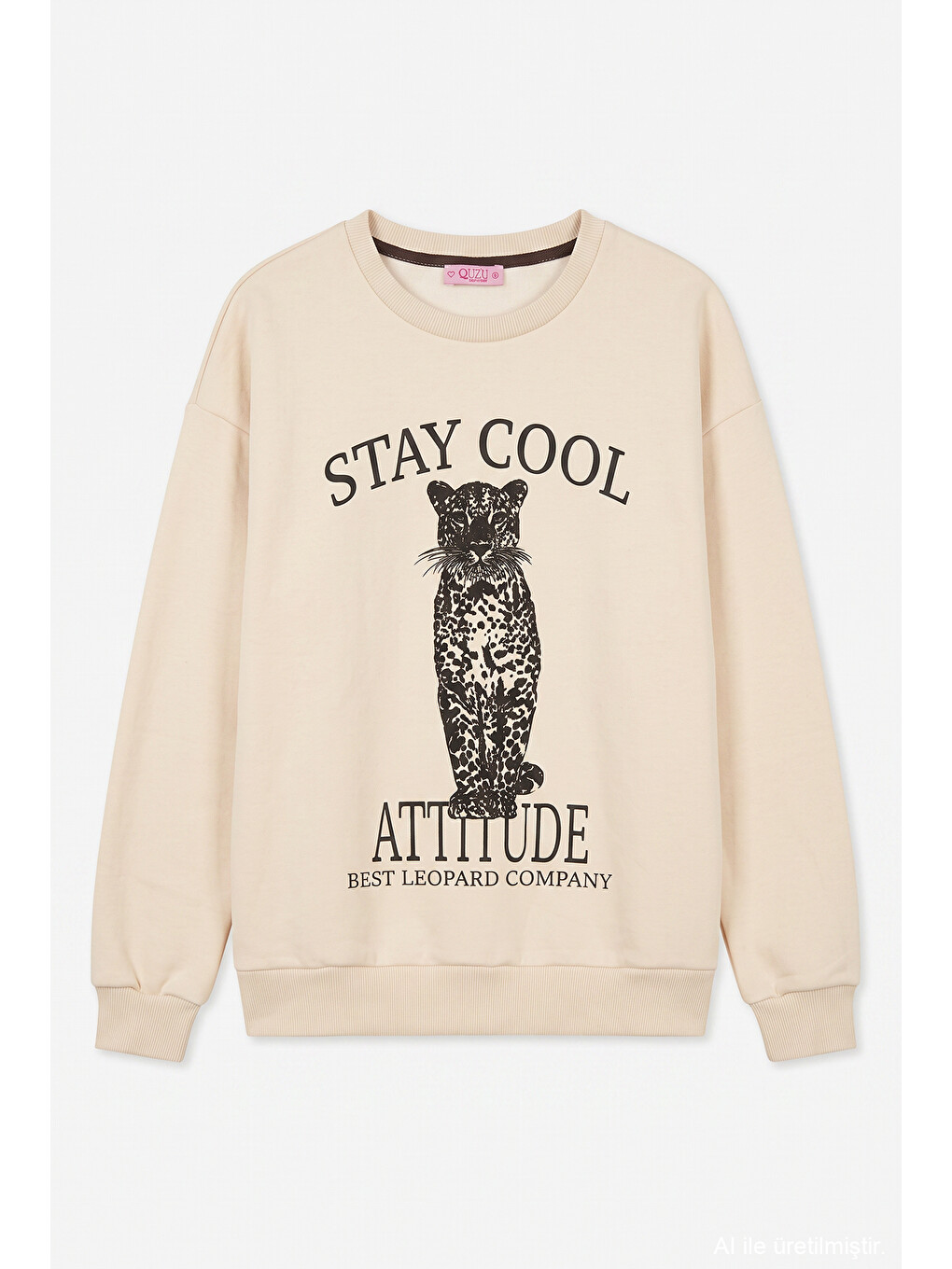 Leopar Ve Yazı Baskılı Oversize Sweatshirt Bej-1