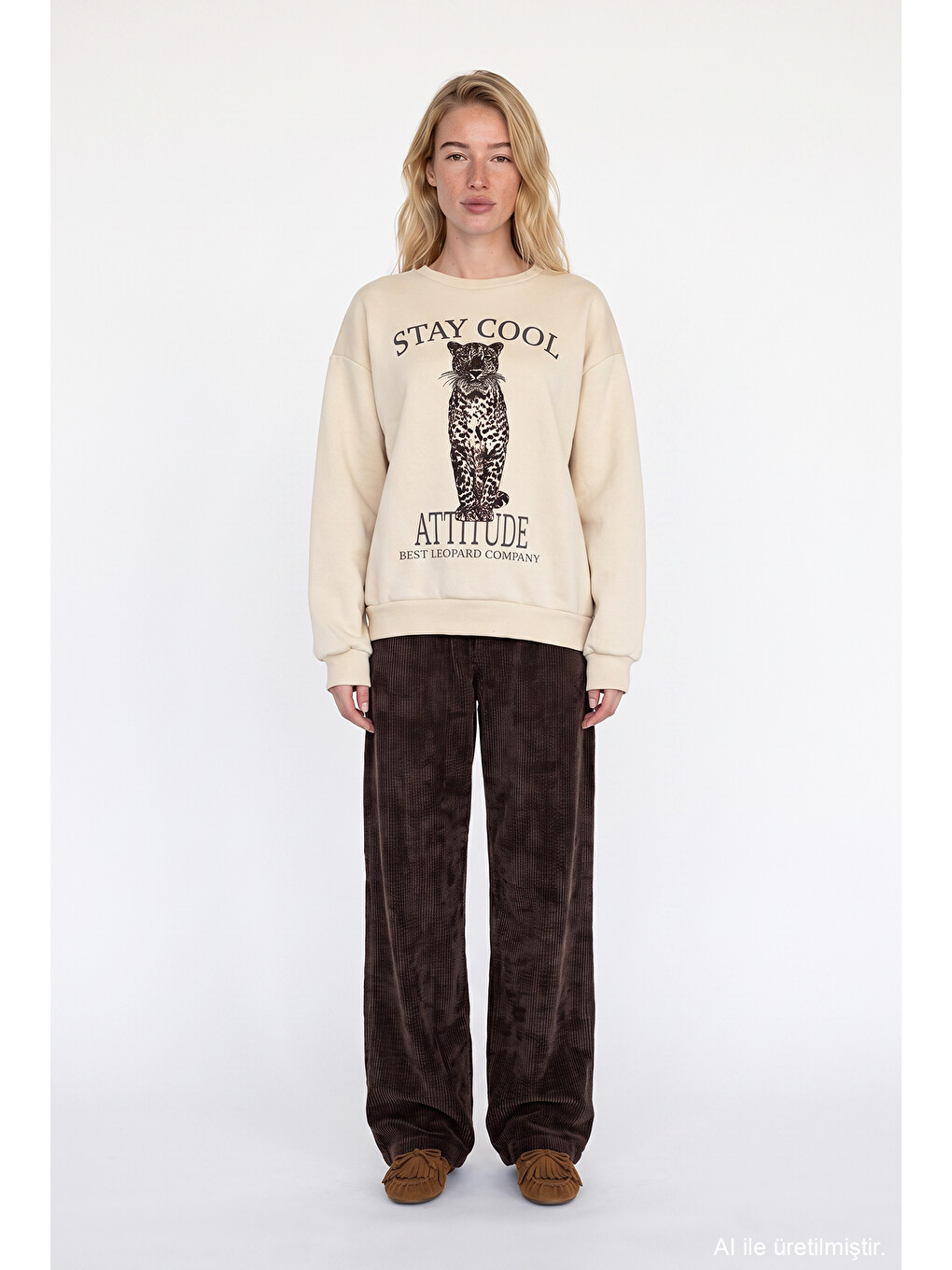 Leopar Ve Yazı Baskılı Oversize Sweatshirt Bej-2