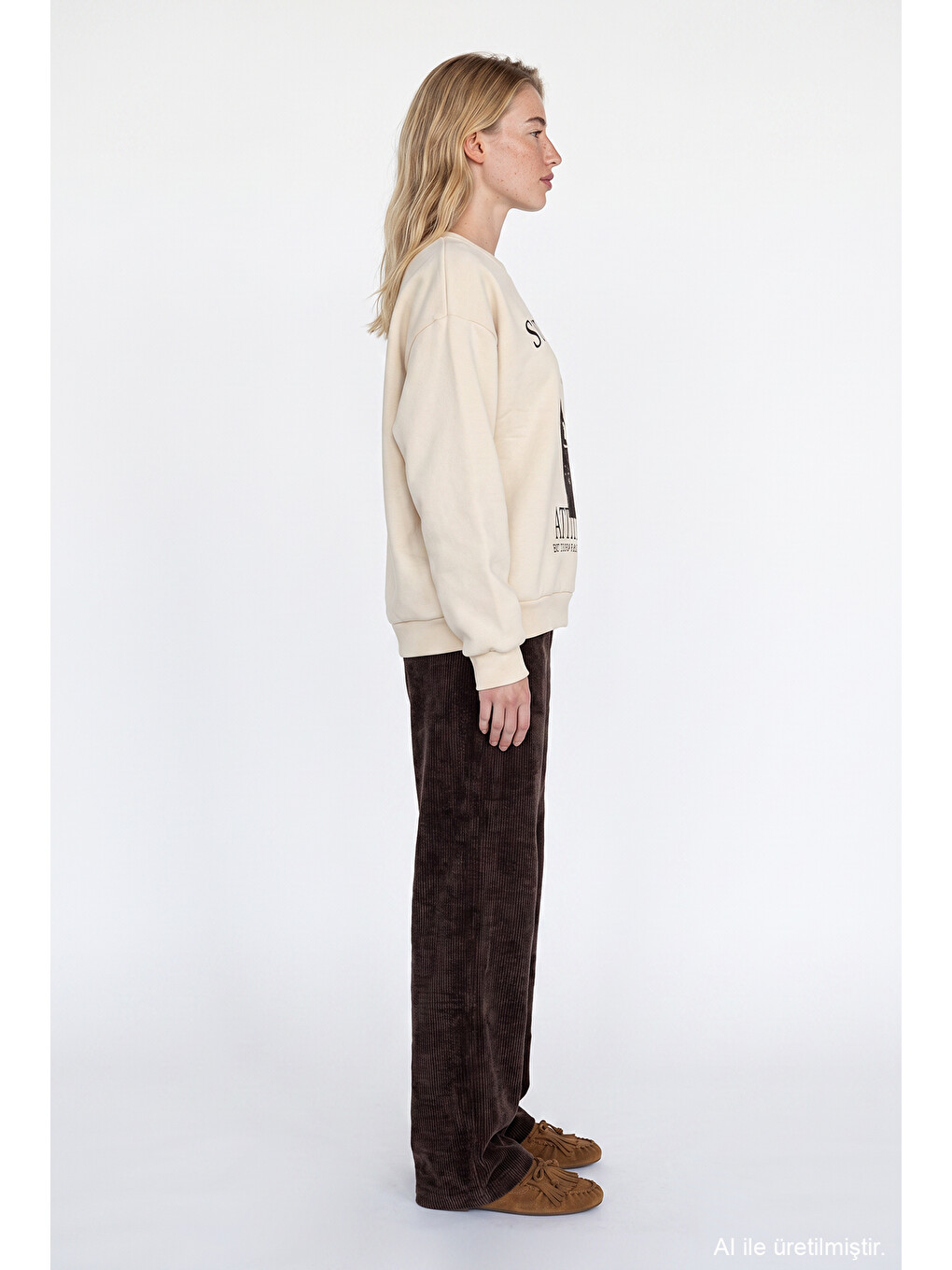 Leopar Ve Yazı Baskılı Oversize Sweatshirt Bej-3
