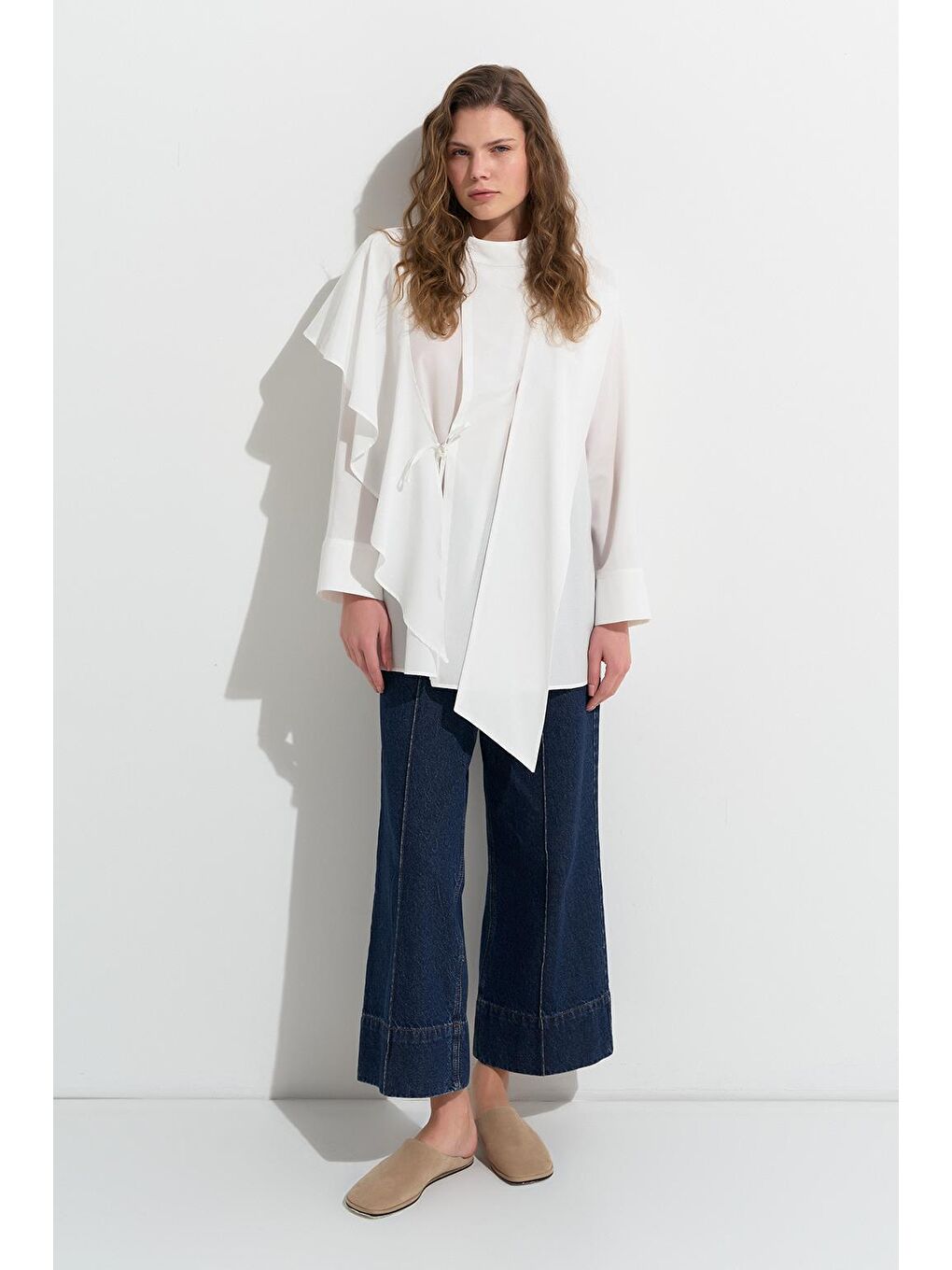 Evan Parçalı Bağlamalı Gömlek Ekru