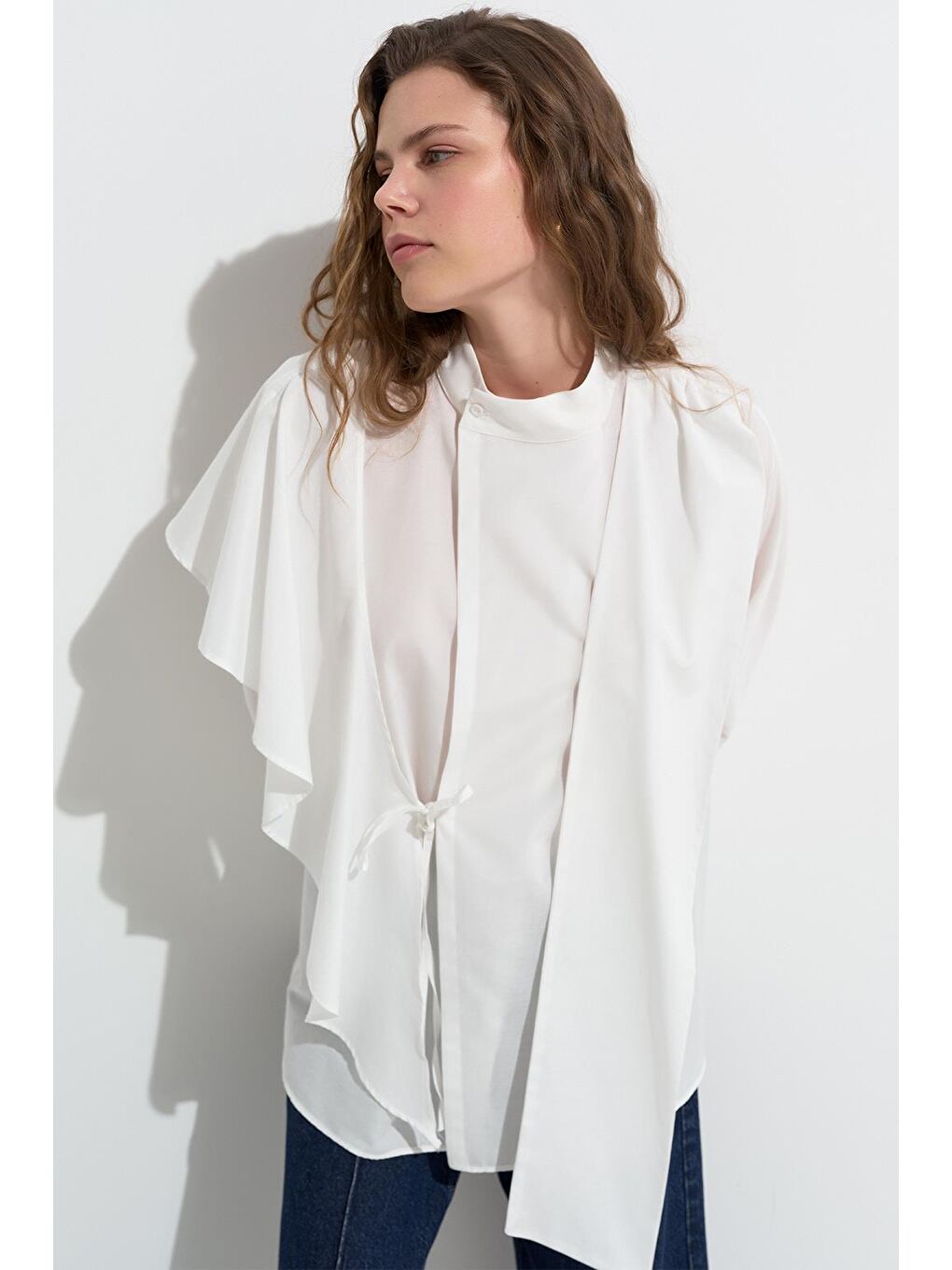 Evan Parçalı Bağlamalı Gömlek Ekru-1