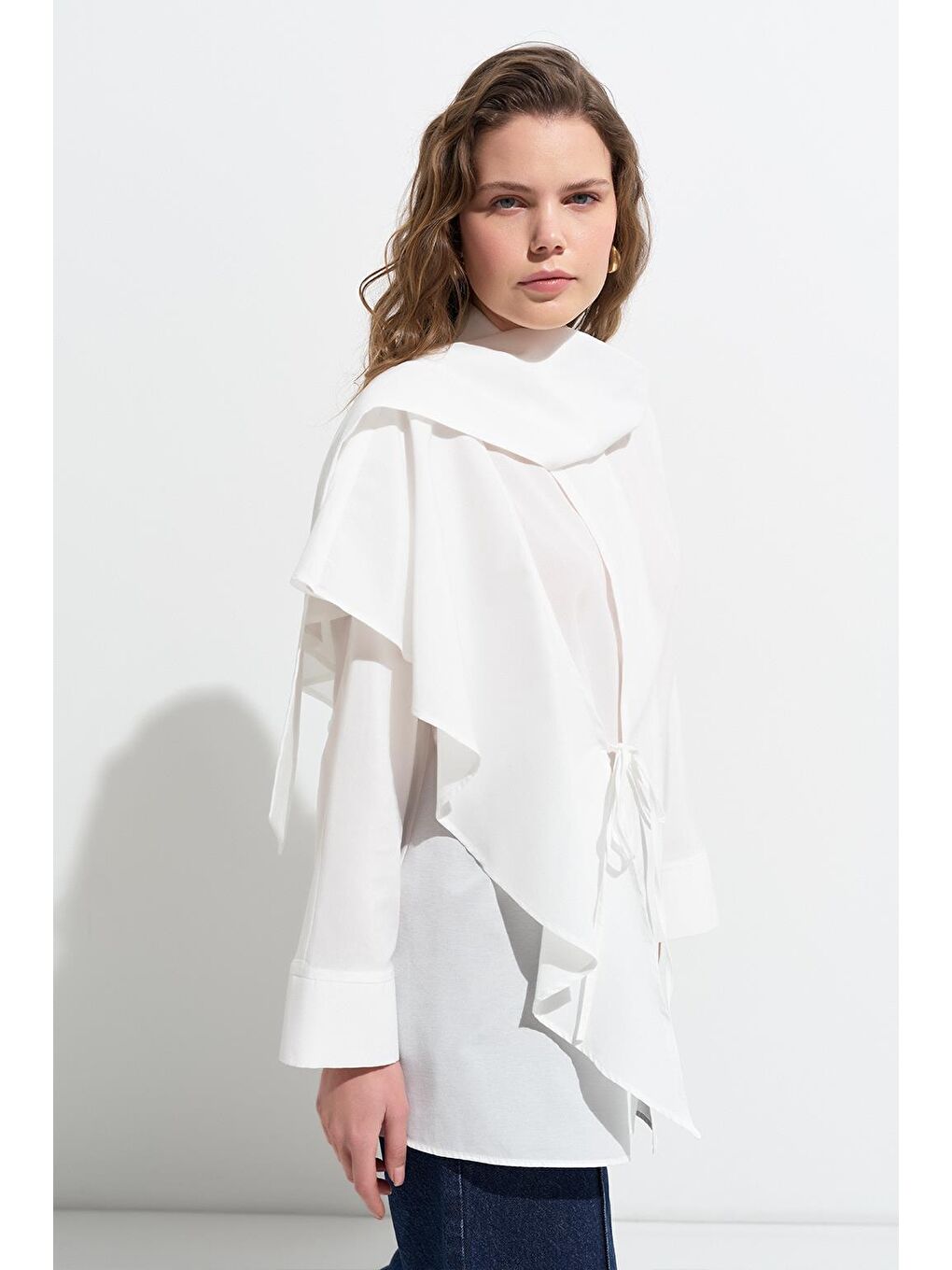 Evan Parçalı Bağlamalı Gömlek Ekru-2