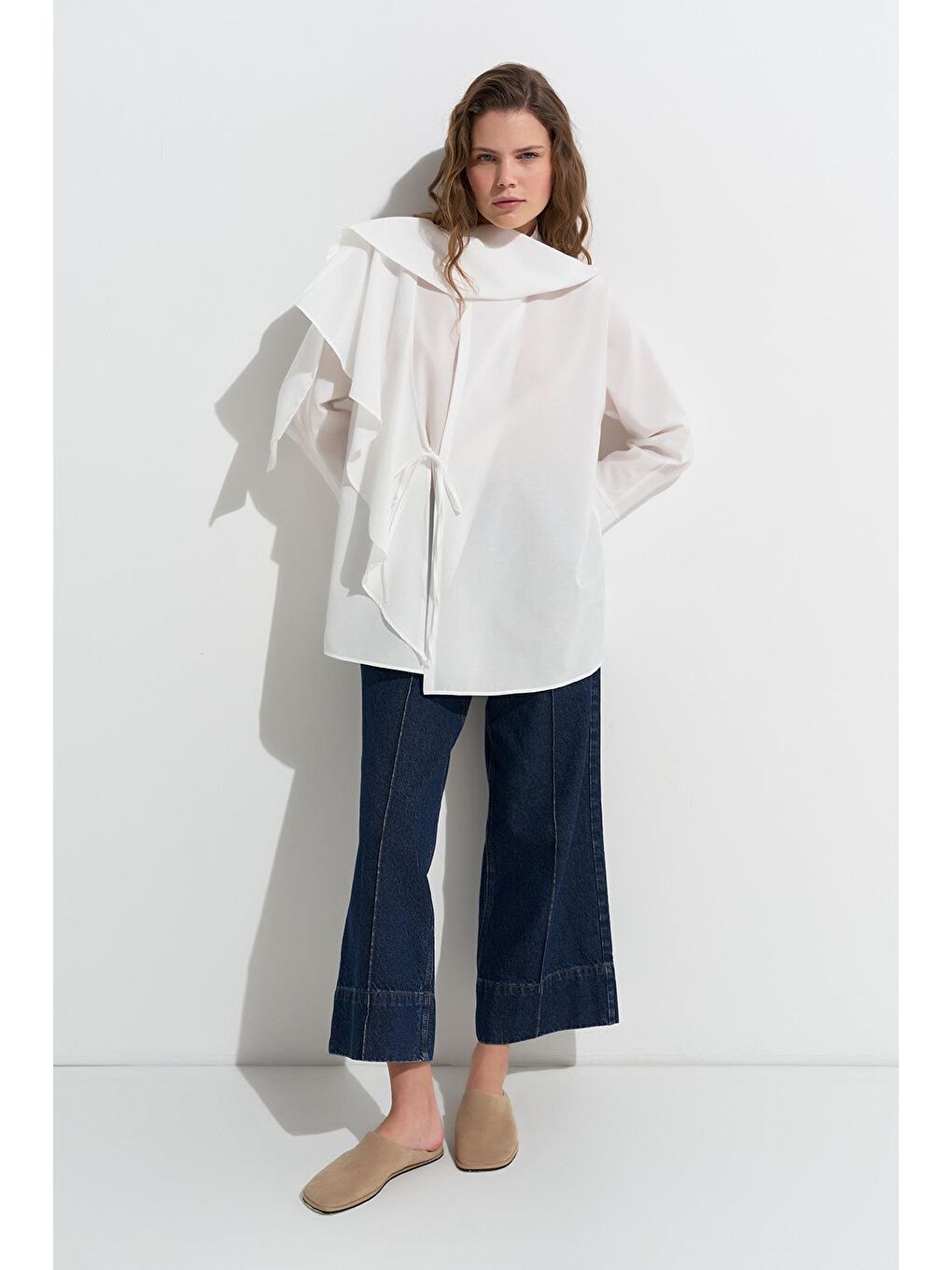 Evan Parçalı Bağlamalı Gömlek Ekru-3