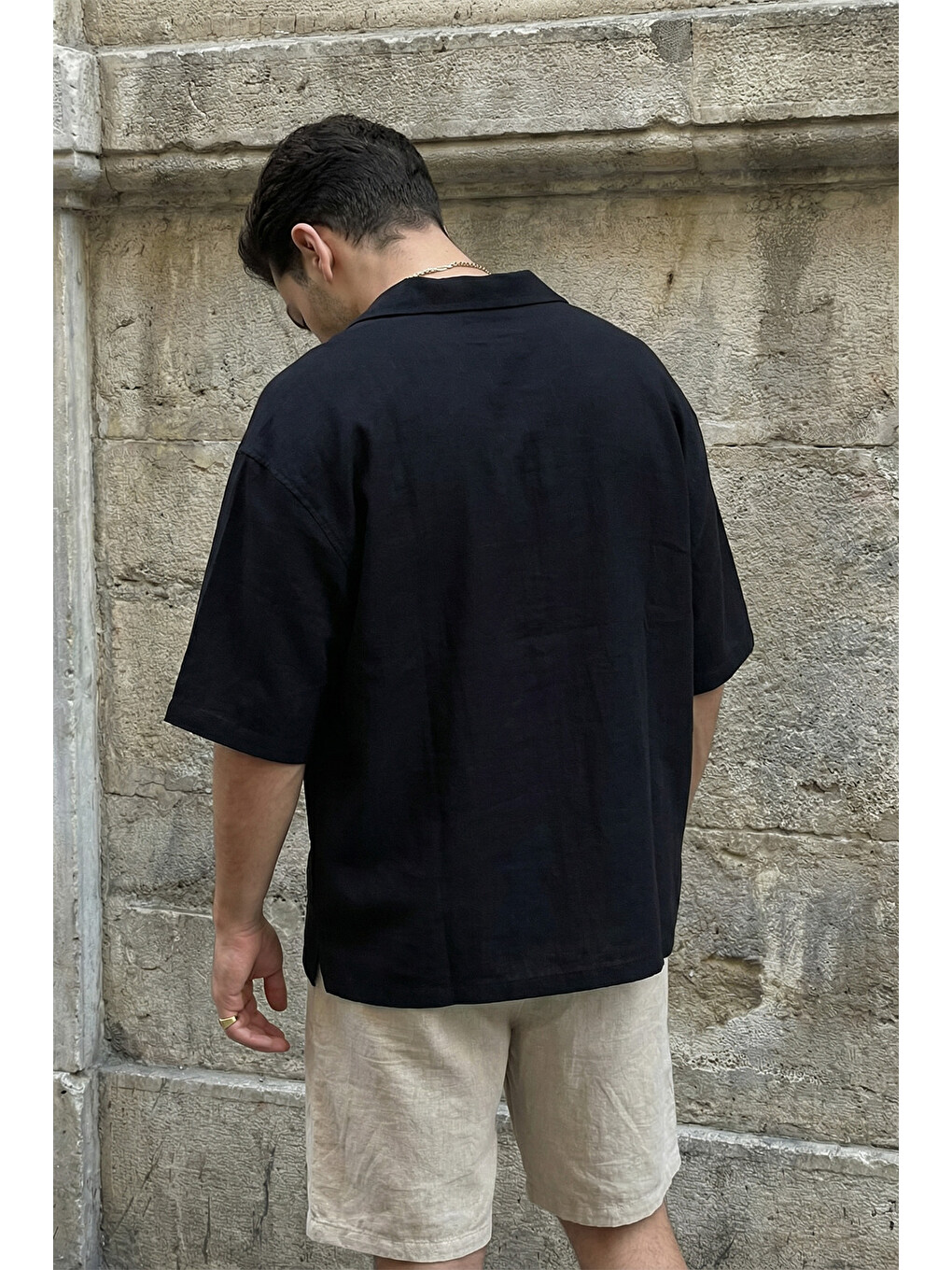 Siyah Akita %100 Pamuk Erkek Kısa Kol Keten Gömlek Relaxed Fit-3