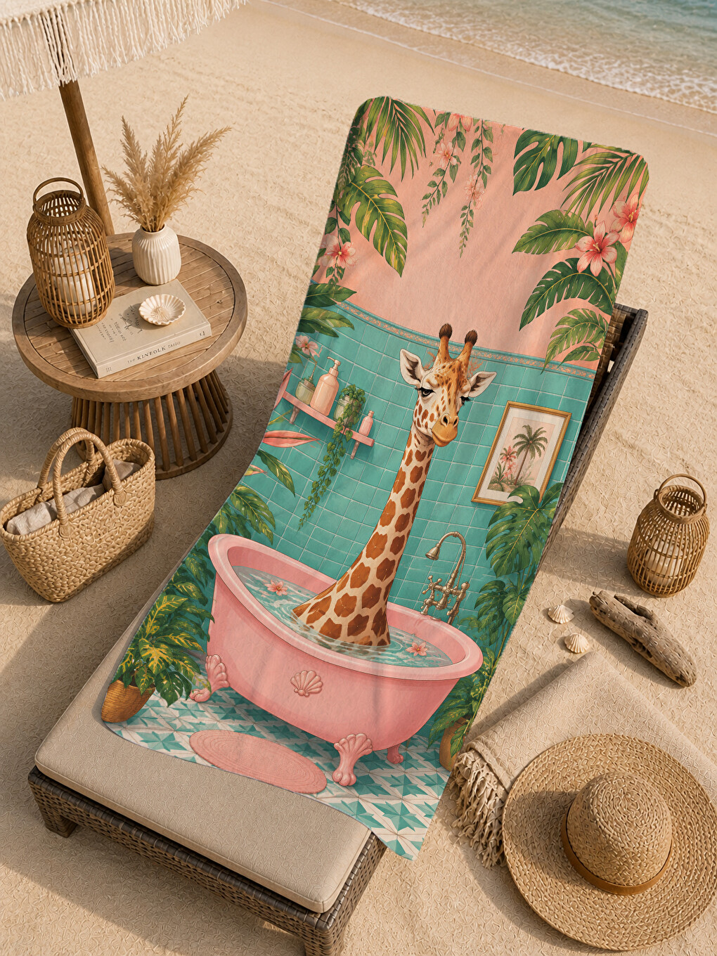 Yeşil Maximalist Küvette Zürafa Tropikal Desenli 70x150 Plaj Havlusu - Dijital Baskılı Banyo Havlusu