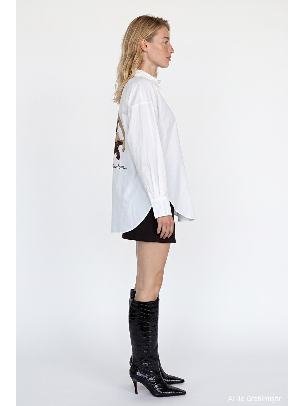 Sırtı At Nakışlı Oversize Gömlek Ekru-4