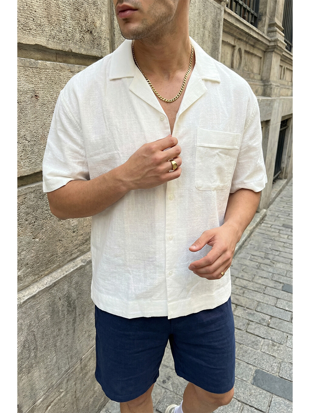 Beyaz Akita %100 Pamuk Erkek Kısa Kol Keten Gömlek Relaxed Fit-2