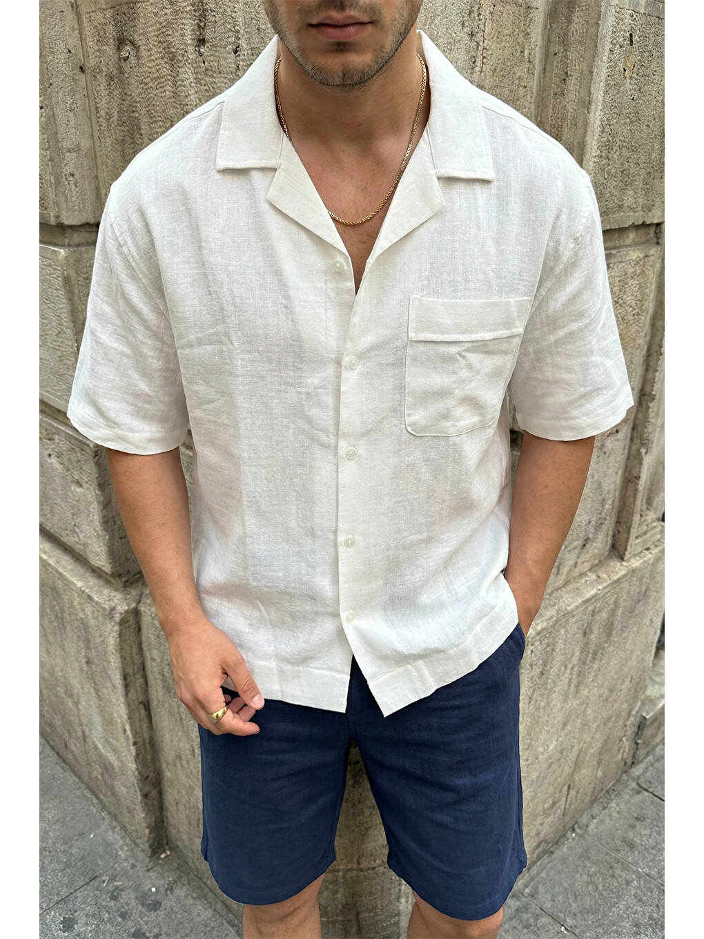 Beyaz Akita %100 Pamuk Erkek Kısa Kol Keten Gömlek Relaxed Fit-3