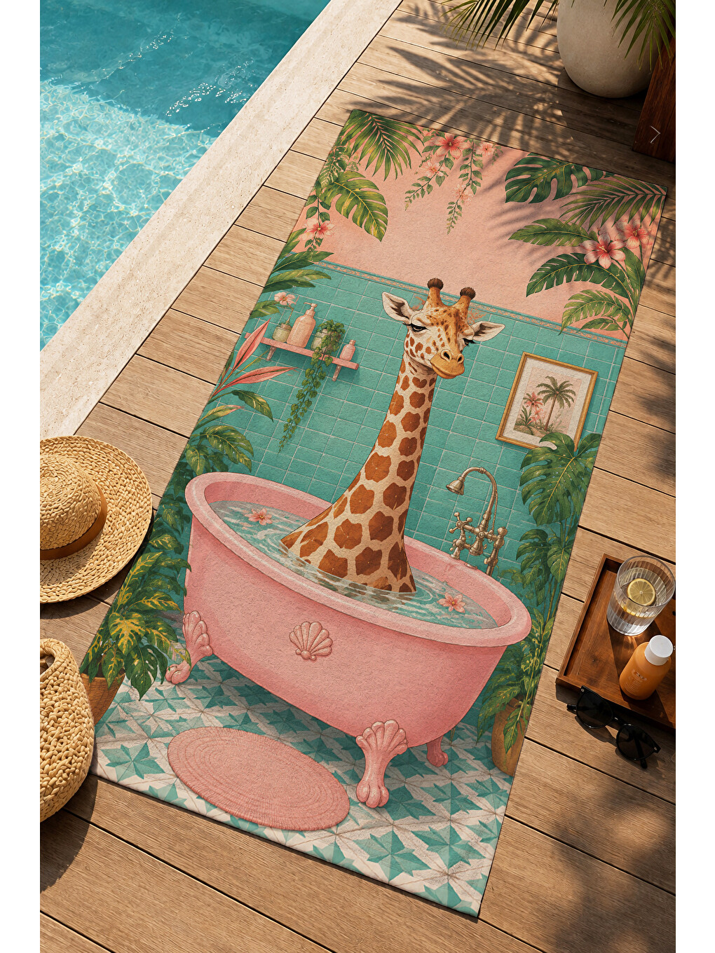 Yeşil Maximalist Küvette Zürafa Tropikal Desenli 70x150 Plaj Havlusu - Dijital Baskılı Banyo Havlusu-1