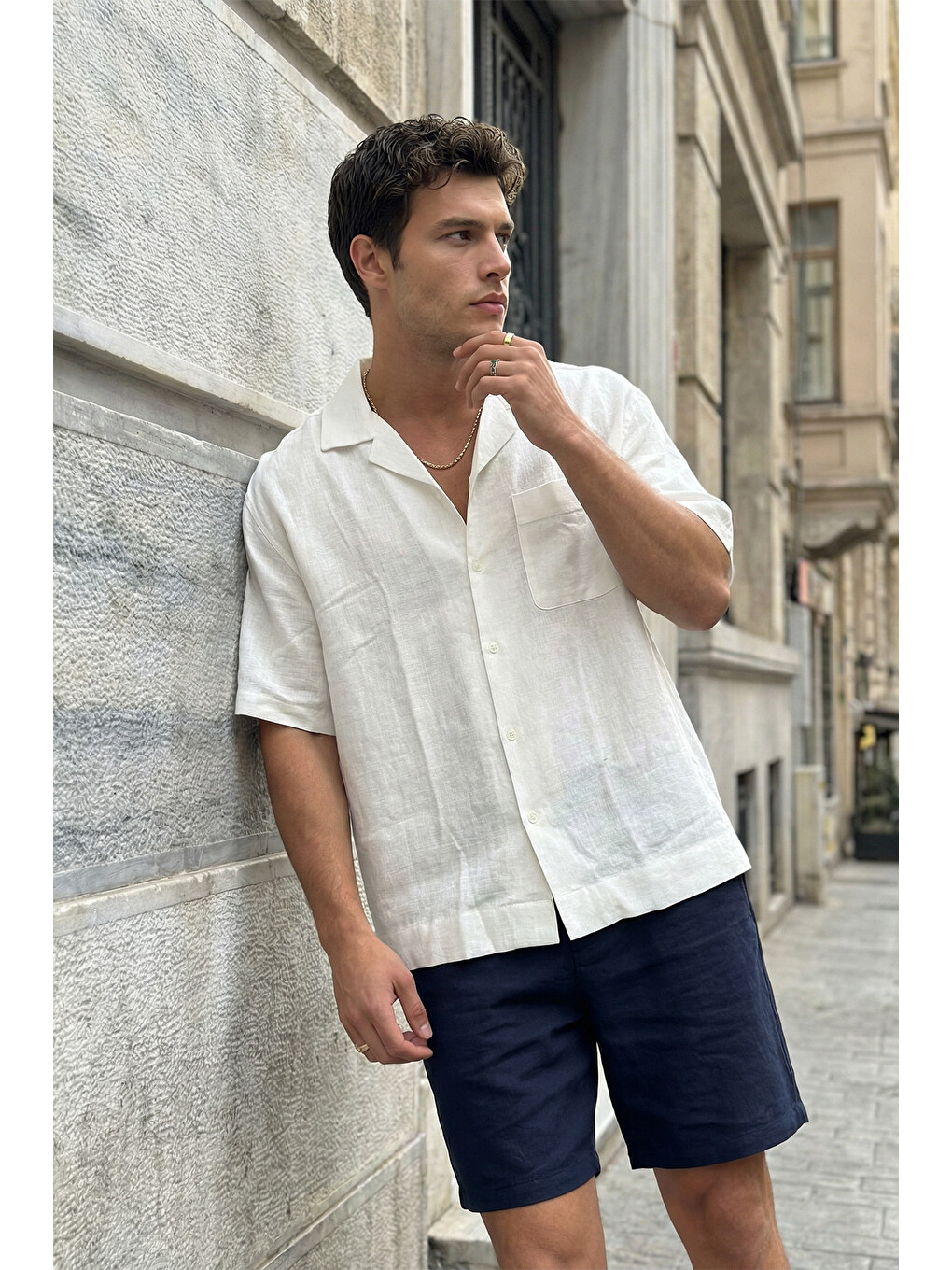 Beyaz Akita %100 Pamuk Erkek Kısa Kol Keten Gömlek Relaxed Fit-7