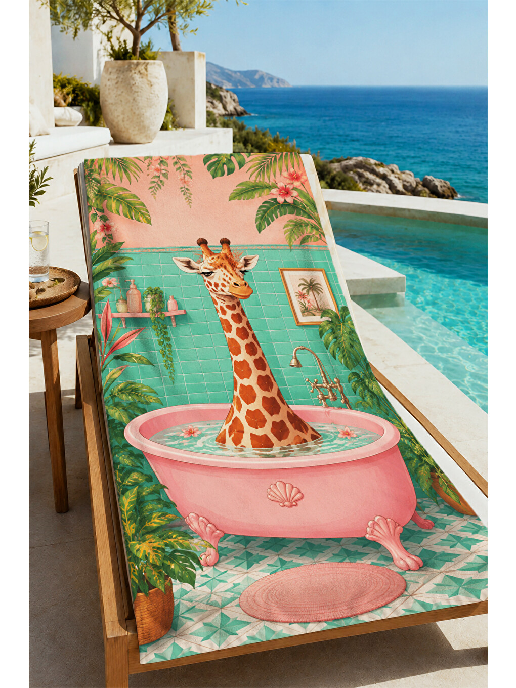Yeşil Maximalist Küvette Zürafa Tropikal Desenli 70x150 Plaj Havlusu - Dijital Baskılı Banyo Havlusu-3
