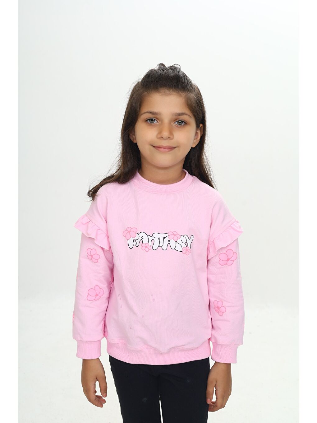 Pembe Kız Çocuk Fantasy Çiçek Baskılı Sweatshirt