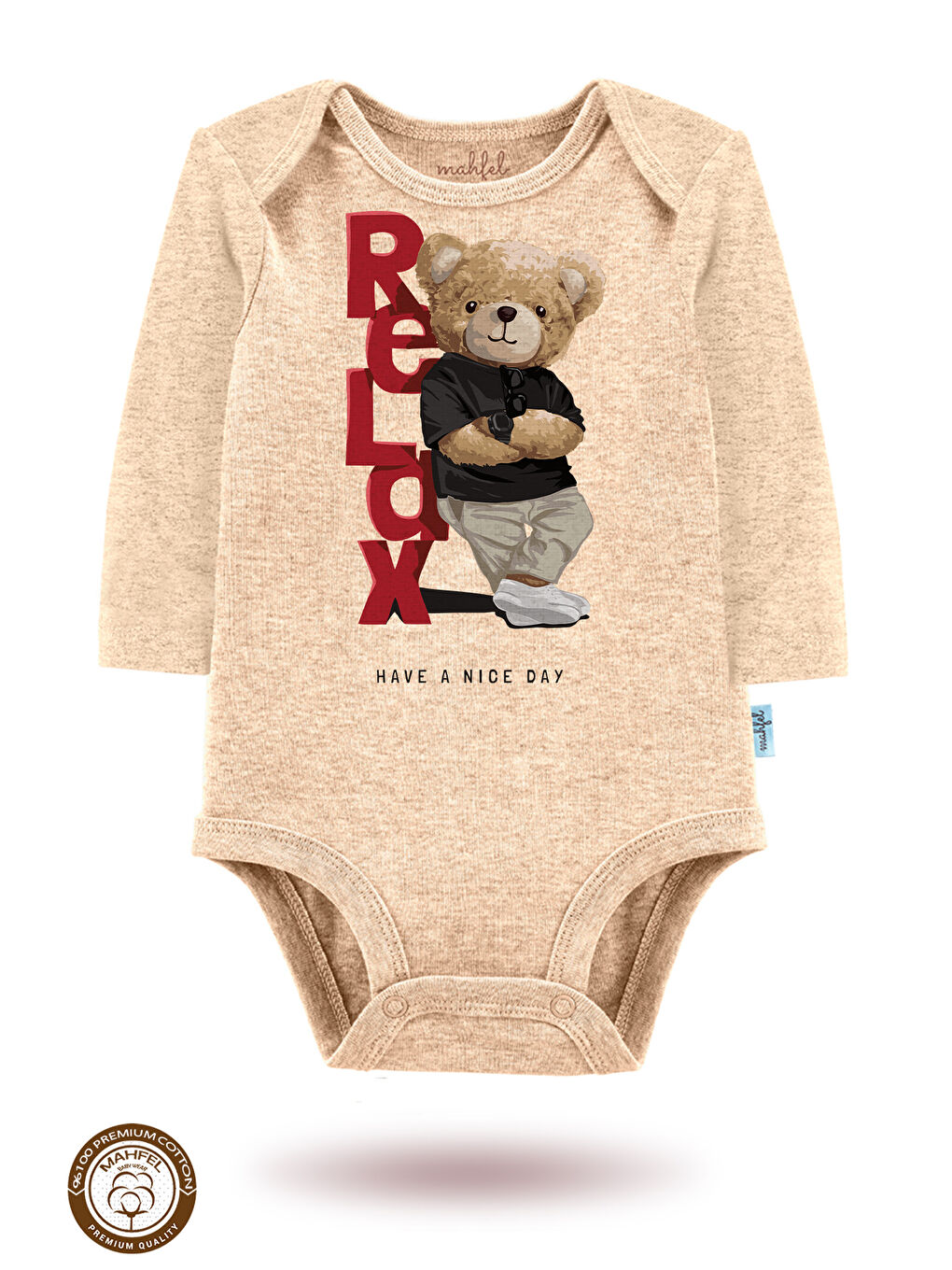 Bej 3 lü  100 Pamuklu Organik Baskılı Çıtçıtlı Bebek Body Zıbın-2