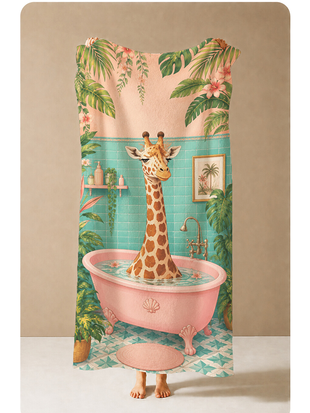 Yeşil Maximalist Küvette Zürafa Tropikal Desenli 70x150 Plaj Havlusu - Dijital Baskılı Banyo Havlusu-4