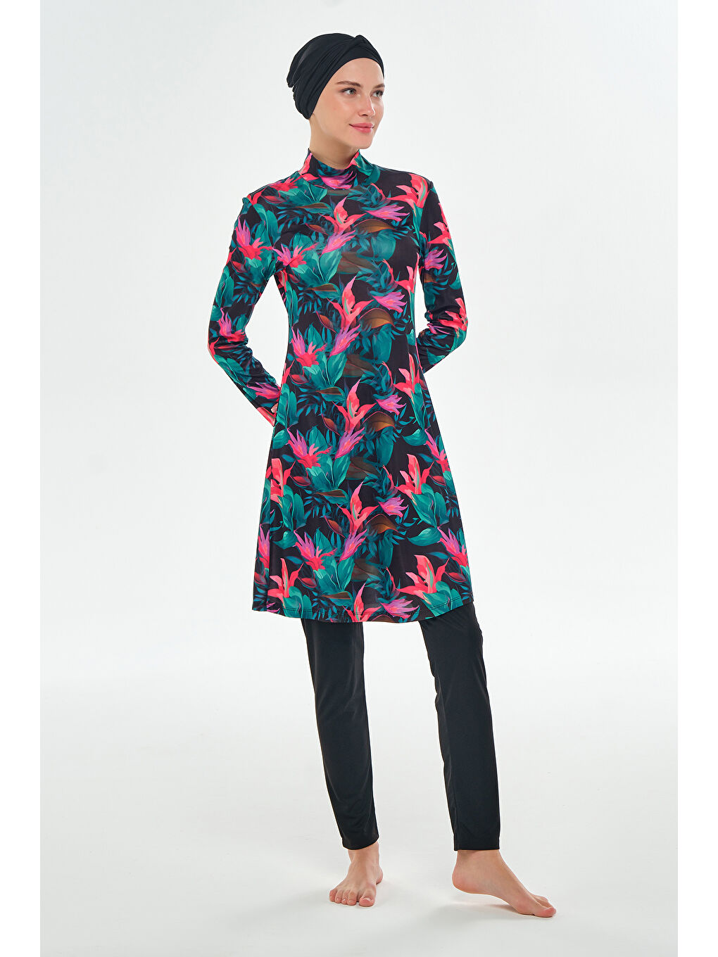 Elastanlı Tam Kapalı Tesettür Mayo Desenli 3109 Siyah-1