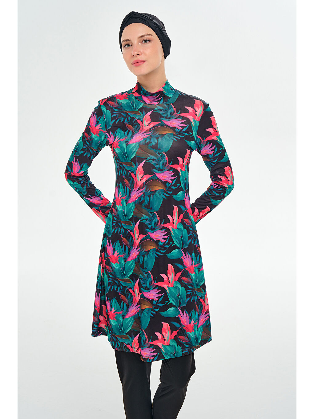 Elastanlı Tam Kapalı Tesettür Mayo Desenli 3109 Siyah-2