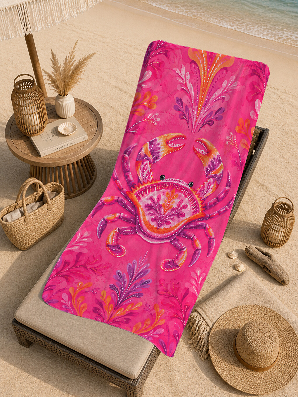 Maximalist Pembe Kelebek Ve Botanik Çiçek Desenli 70x150 Plaj Havlusu - Pamuklu Banyo Havlusu-1