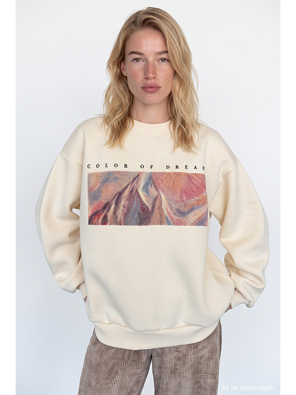 Grafik Baskılı Oversize Sweatshirt Bej