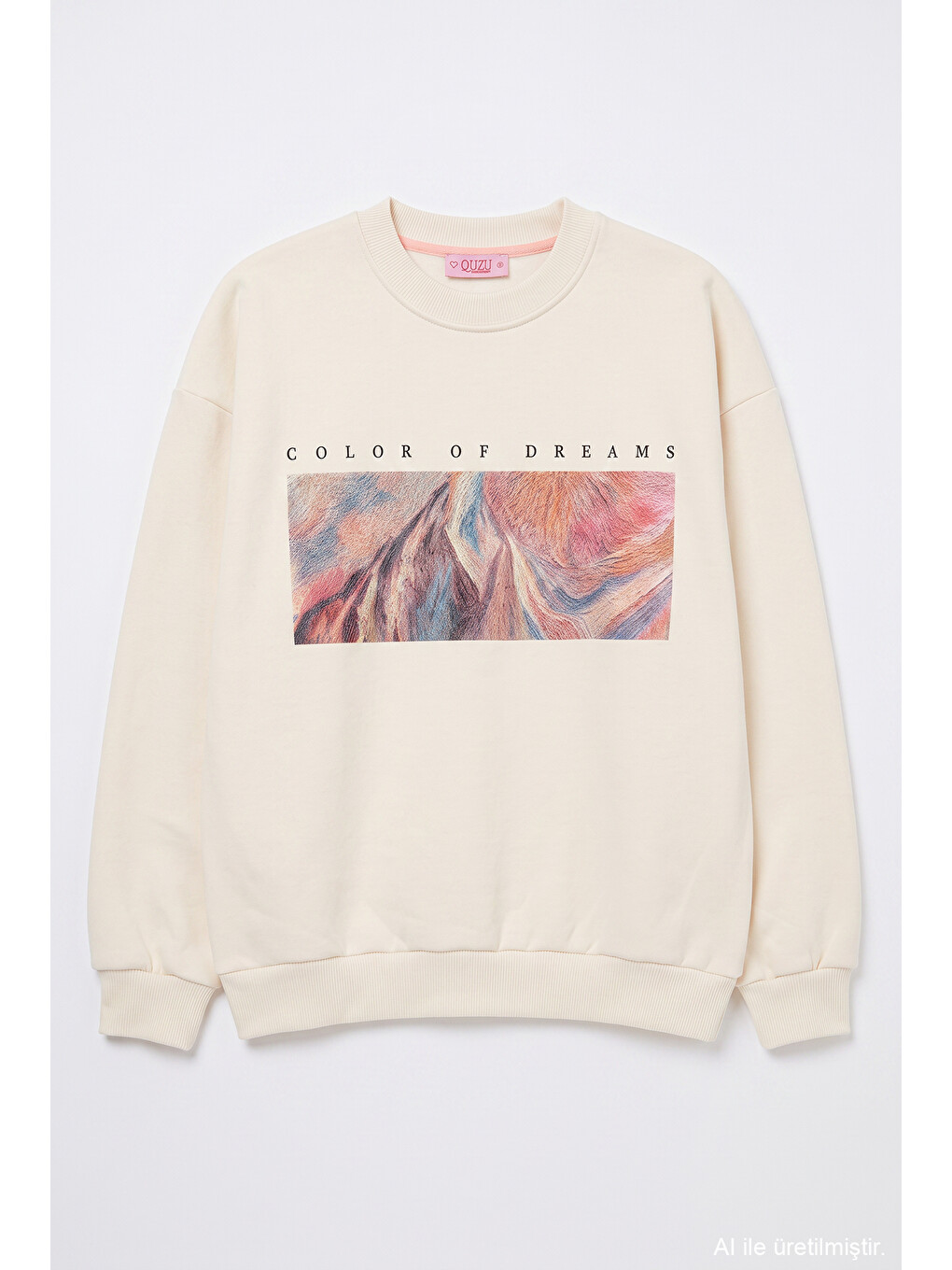 Grafik Baskılı Oversize Sweatshirt Bej-1