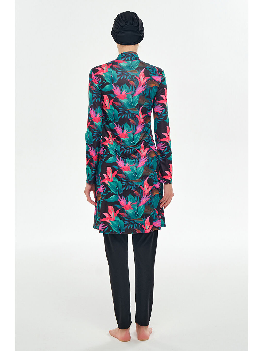 Elastanlı Tam Kapalı Tesettür Mayo Desenli 3109 Siyah-4