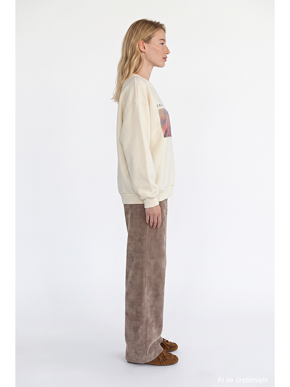 Grafik Baskılı Oversize Sweatshirt Bej-2
