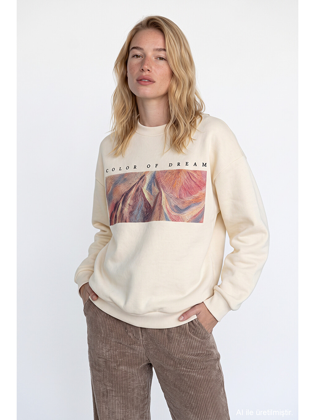 Grafik Baskılı Oversize Sweatshirt Bej-3