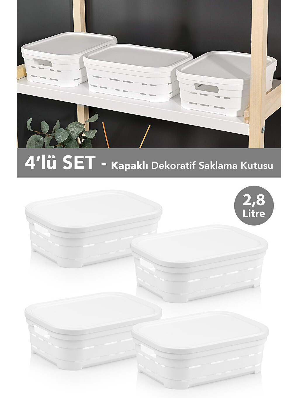 Beyaz 4'lü Kapaklı Delikli Dekoratif Piramit Saklama Kutusu