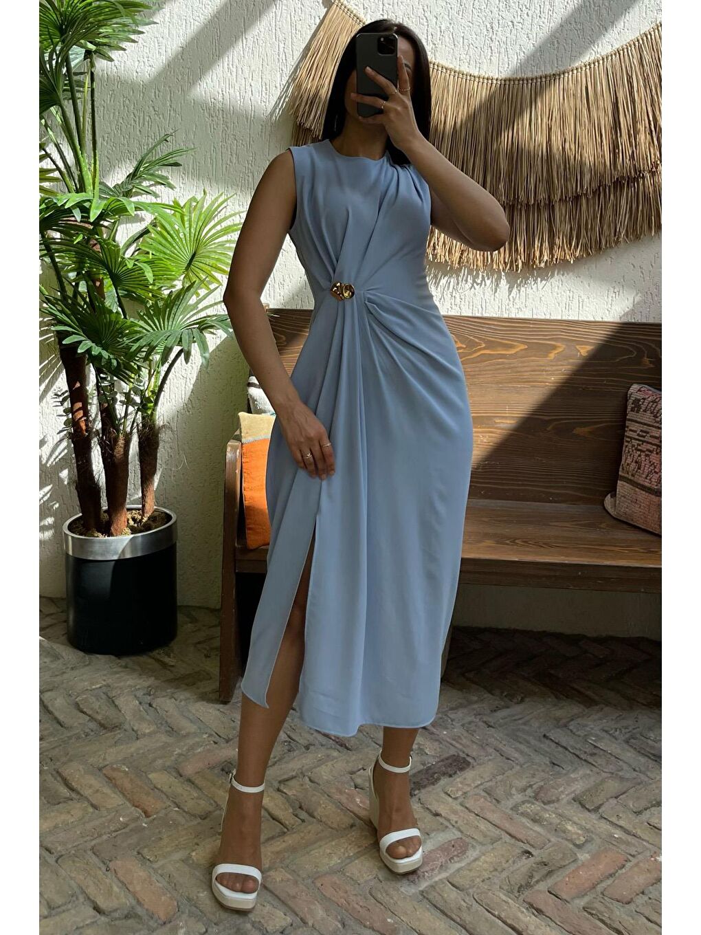 Mavi Bronşlu Midi Boy Kadın Elbise Mg2418-4