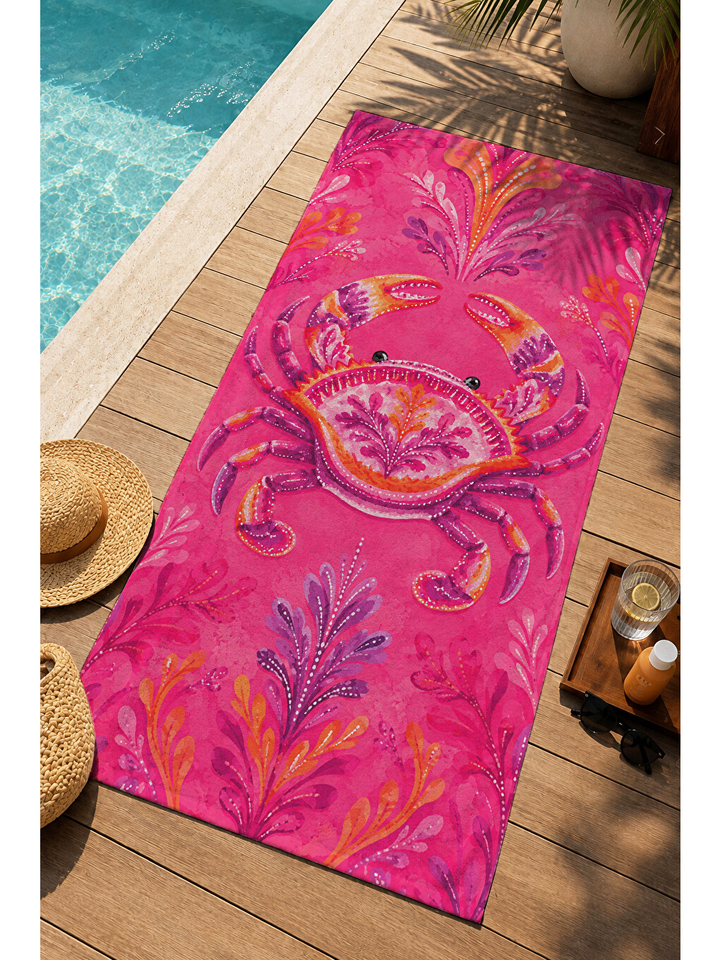 Maximalist Pembe Kelebek Ve Botanik Çiçek Desenli 70x150 Plaj Havlusu - Pamuklu Banyo Havlusu-4