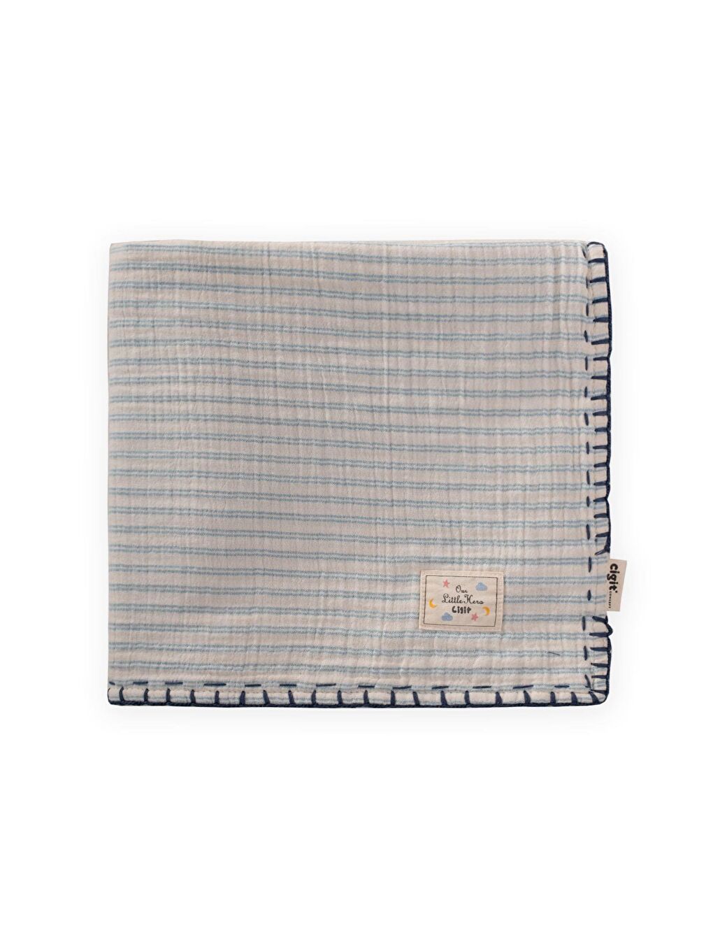 Müslin Çift Taraflı El İşili Bebek Battaniye (Yıkanmıştır) 100X100 Cm Mavi Çift Çizgili