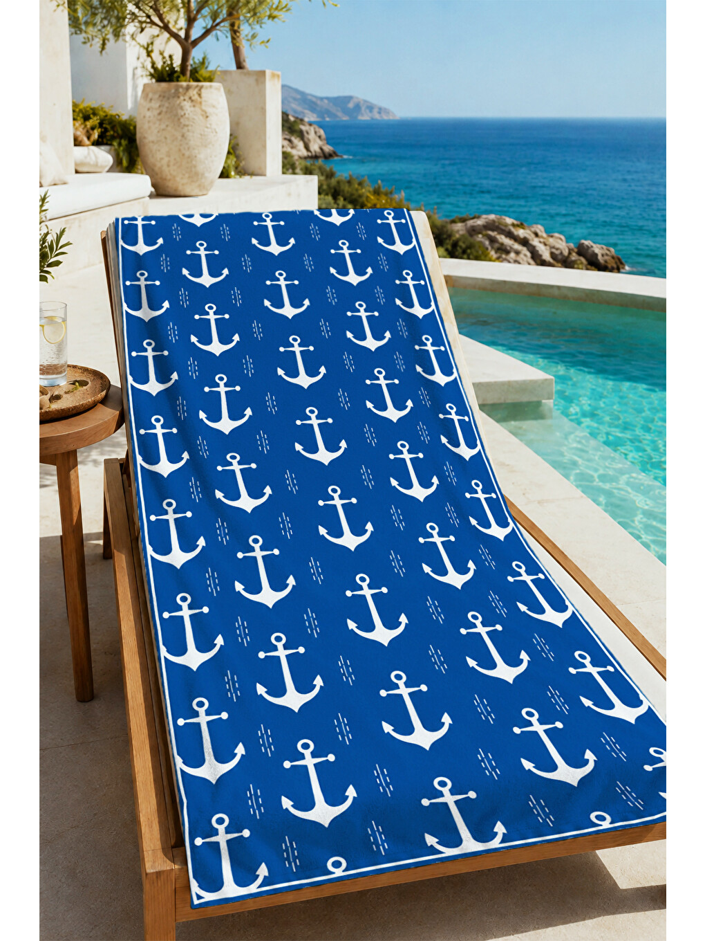Denizci Lacivert Mini Çapa Tekrarlı Desenli 70x150 Plaj Havlusu - Dijital Baskılı Banyo Havlusu-1