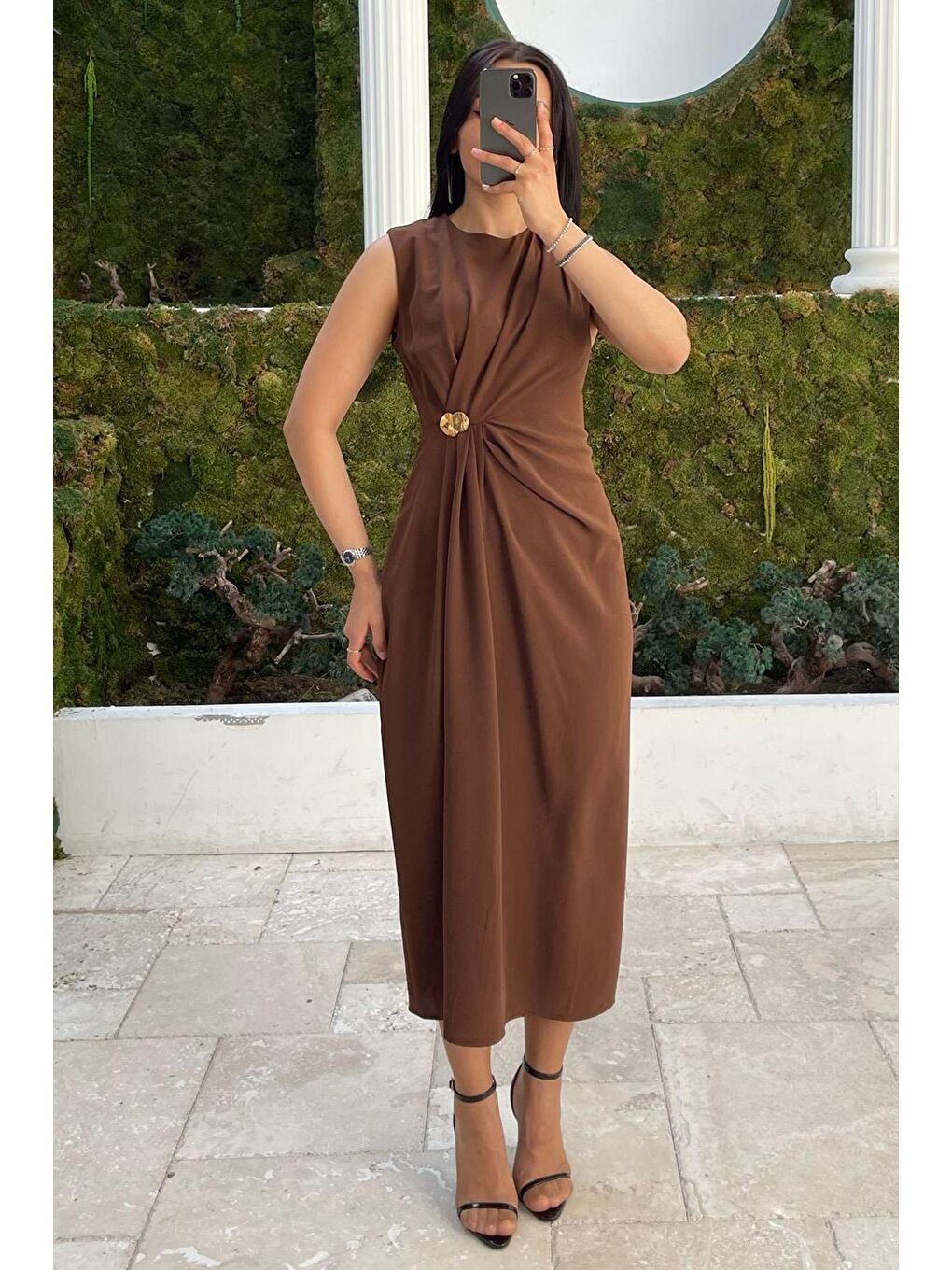 Kahverengi Bronşlu Midi Boy Kadın Elbise Mg2418-3