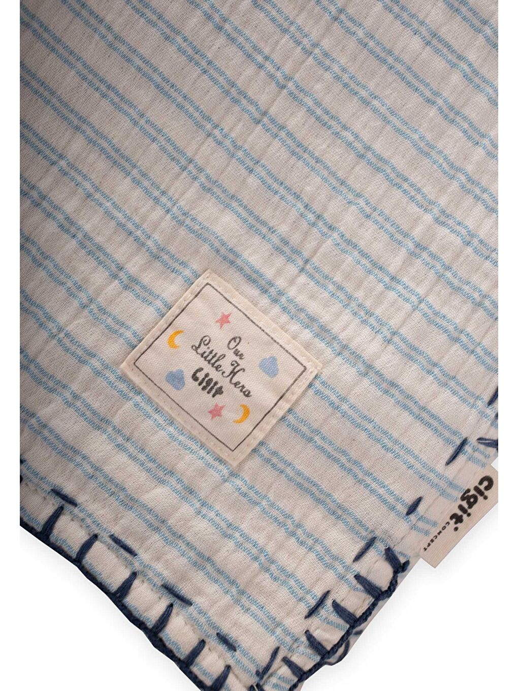 Müslin Çift Taraflı El İşili Bebek Battaniye (Yıkanmıştır) 100X100 Cm Mavi Çift Çizgili-2